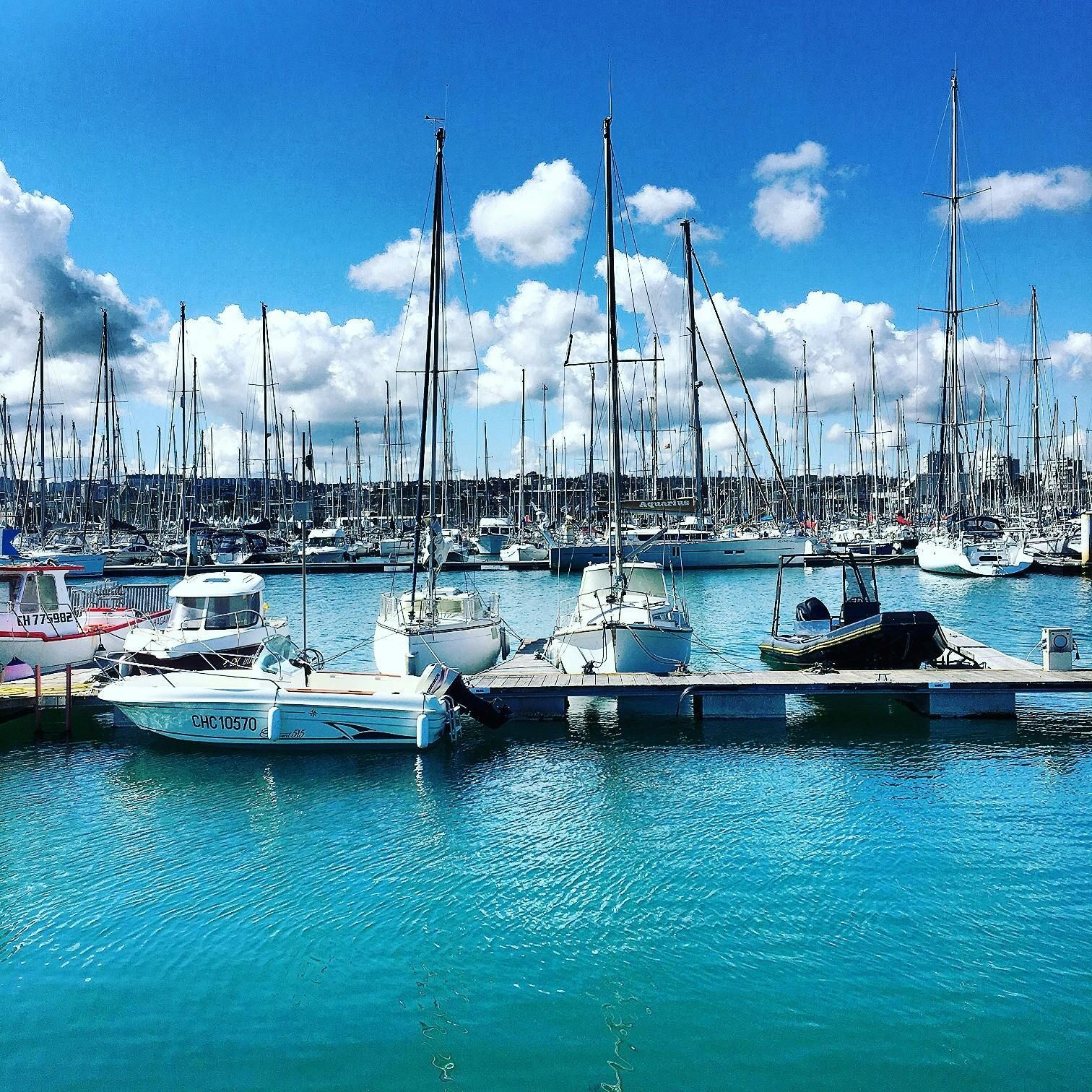 Boats docked in a harbor with a dense forest of sailboat masts under a bright blue, cloudy sky.