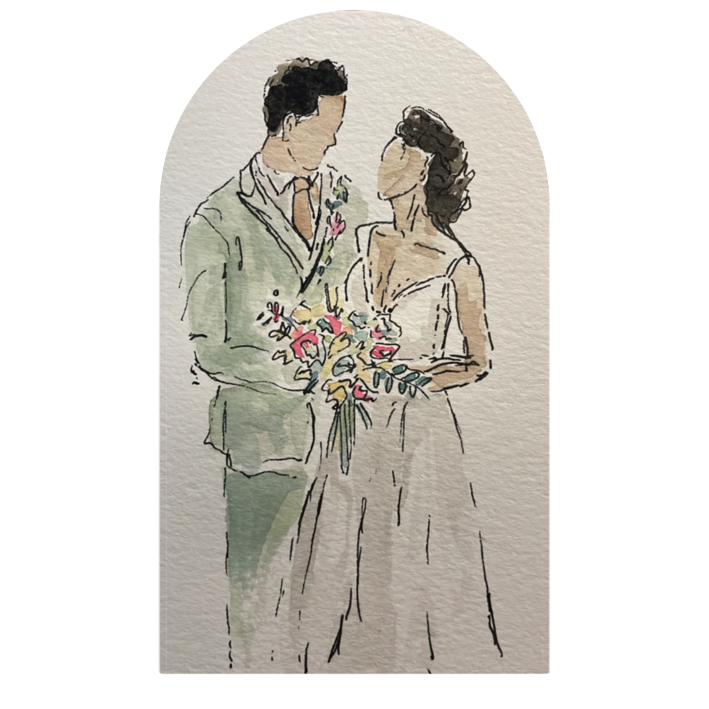 Aquarel live portret van bruidspaar; man in lichtgroen pak, vrouw in witte jurk, met bloemen in de hand, kijkend naar elkaar.