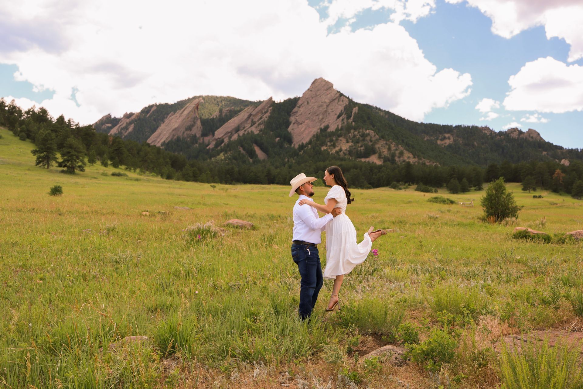 A man is holding a woman in his arms in a field with mountains in the background.