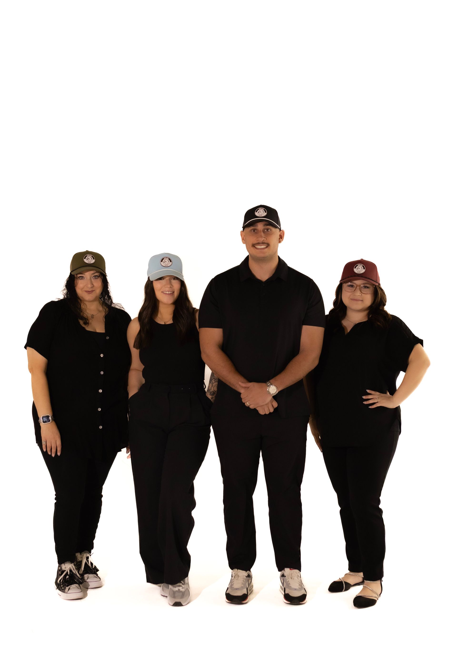 A group of people standing next to each other on a white background.