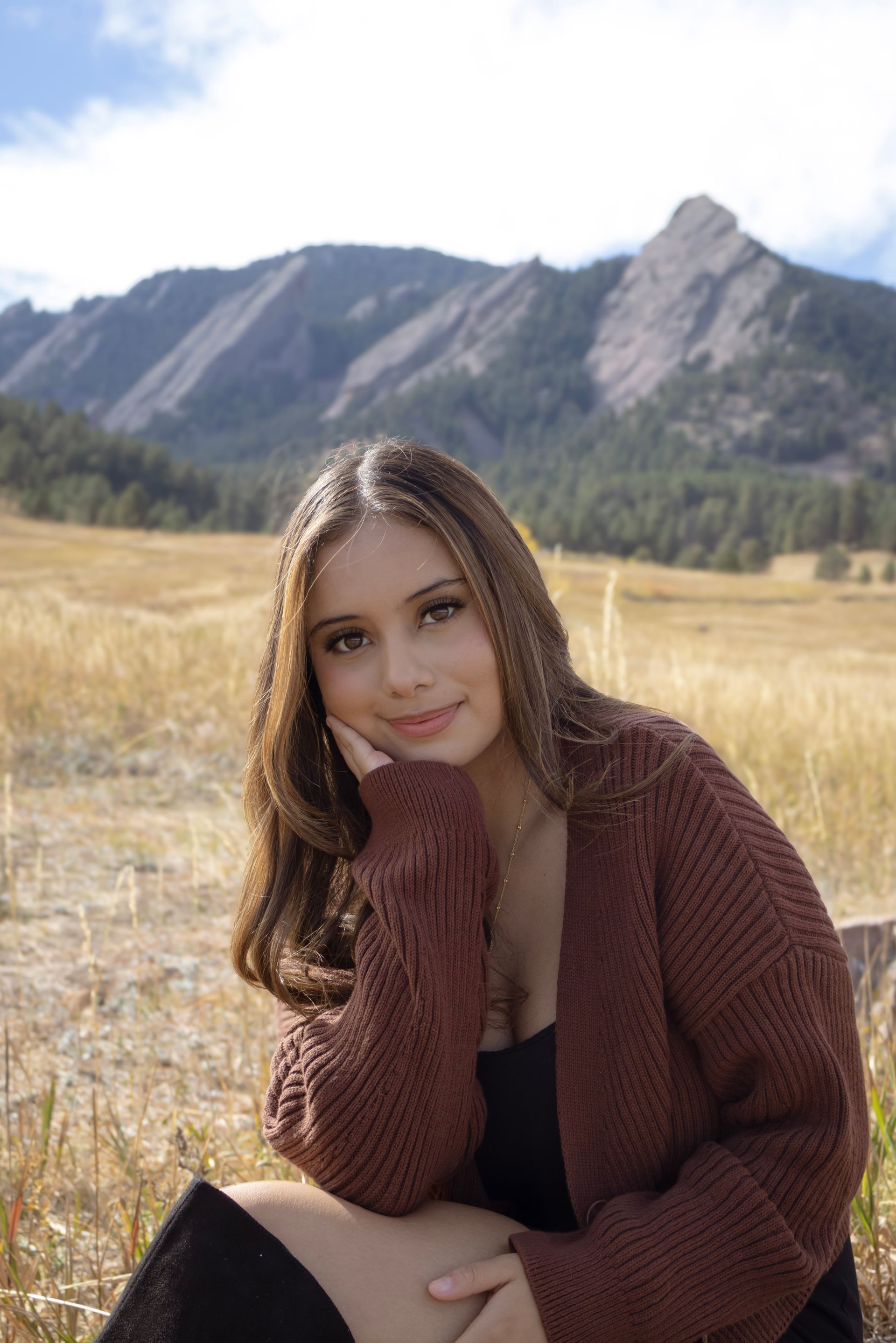 A woman is sitting in a field with a mountain in the background.