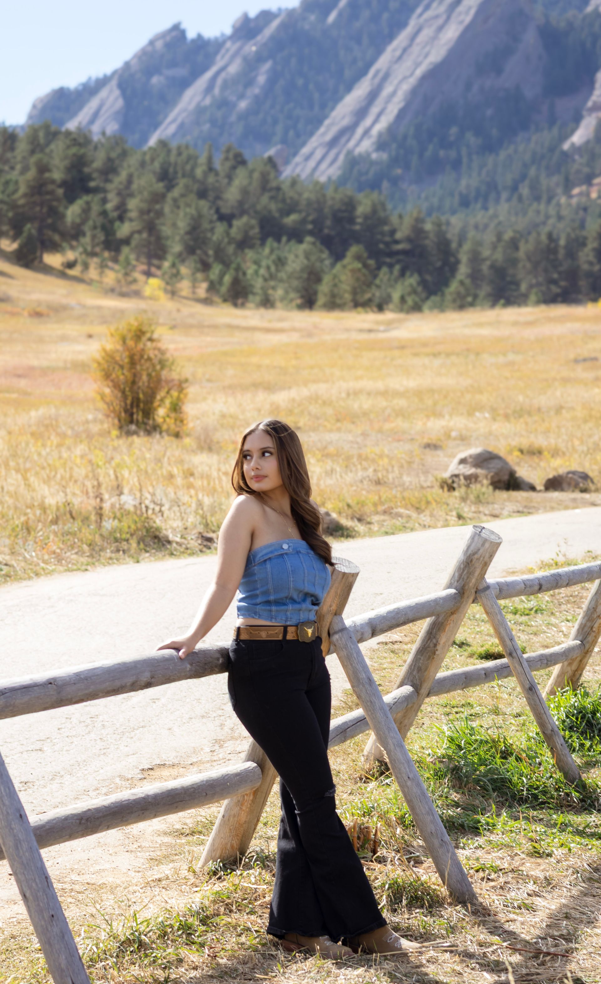 A woman is leaning on a wooden fence in a field with mountains in the background.