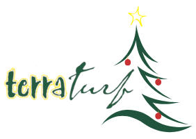 Terratur, Inc. logo with Christmas lights and gift box. Red box with a green bow, surrounded by colorful lights.