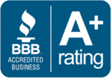 BBB Accredited Business logo with an A+ rating in white on a blue background.
