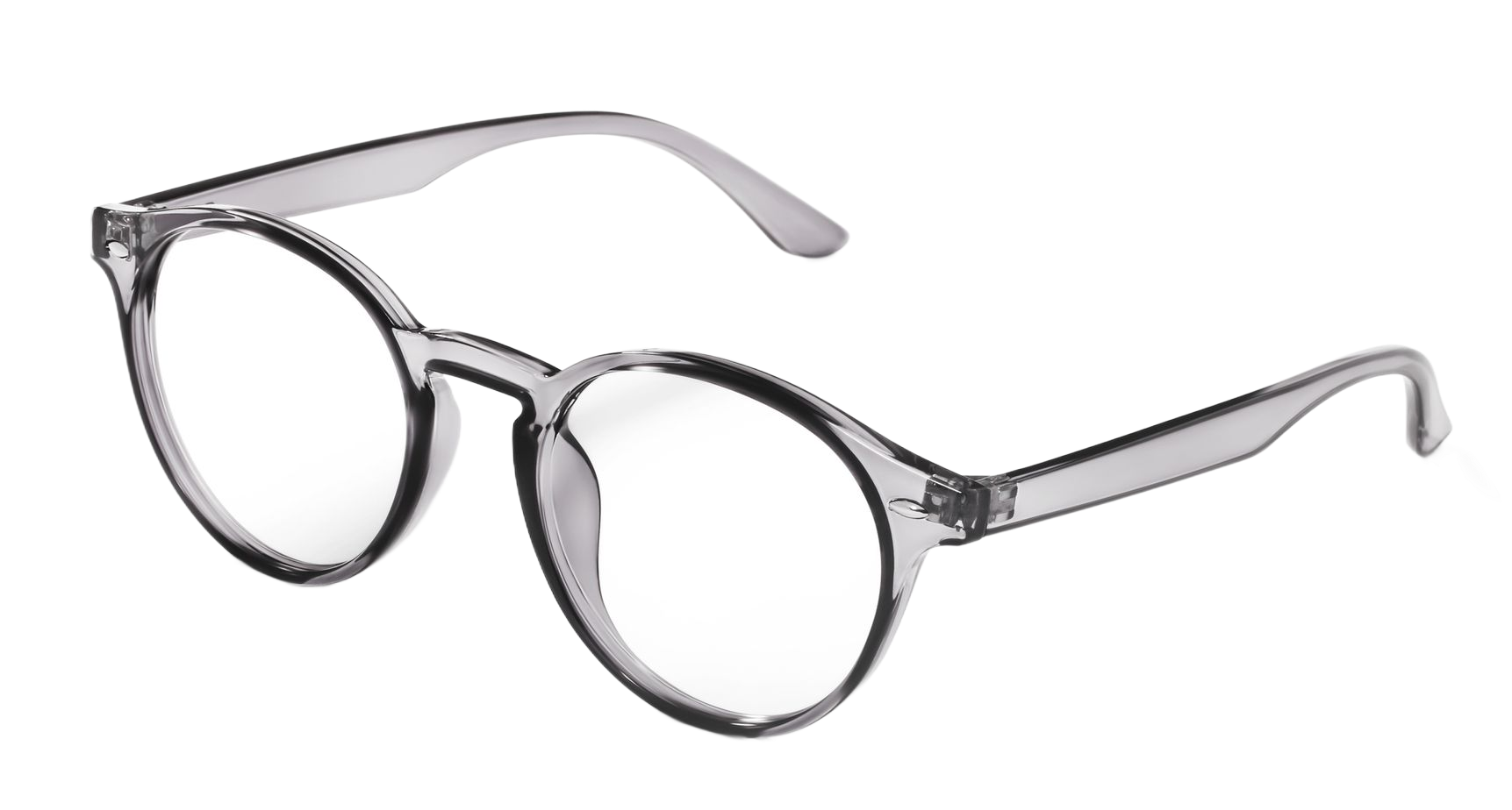 Clear, round-framed eyeglasses with translucent gray frames and arms. Clear, round-framed eyeglasses with translucent gray frames and arms.