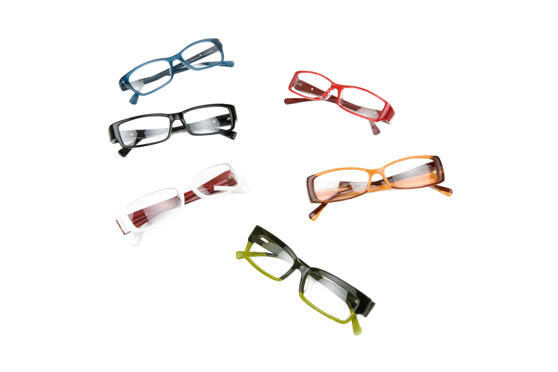 Six pairs of eyeglasses in various colors, scattered against a white background.