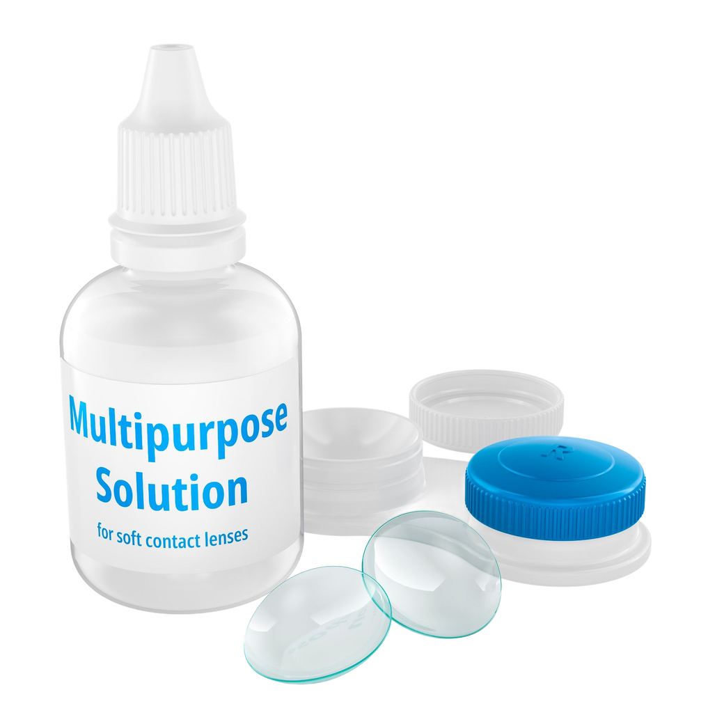Contact lens solution bottle with lens case and two contact lenses.