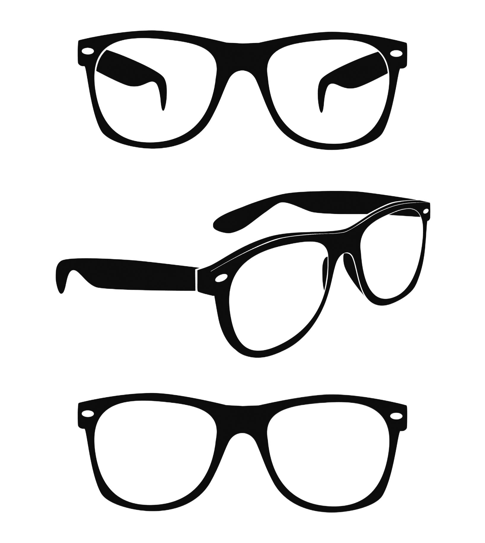 Three black-rimmed eyeglasses in different orientations, showing frames and lenses.