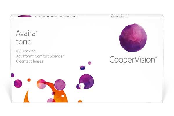 Box of Avaira Toric contact lenses, white with purple and orange graphics, by CooperVision. Box of Avaira Toric contact lenses, white with purple and orange graphics, by CooperVision.