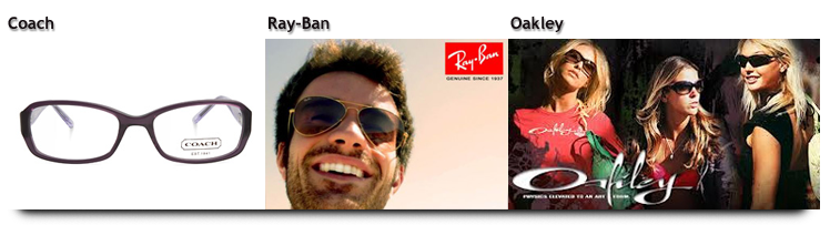 Glasses from Coach, Ray-Ban, and Oakley brands. Glasses from Coach, Ray-Ban, and Oakley brands.