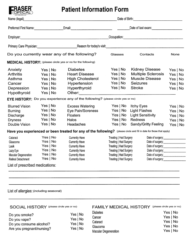 Patient Information Form with medical history and social history sections.