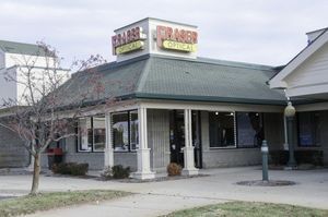Fraser Optical building exterior with a green roof and a sign on top.