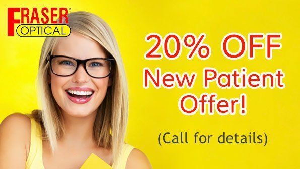 Woman smiling, wearing glasses. Advertisement for Fraser Optical offering 20% off for new patients. Yellow background. Woman smiling, wearing glasses. Advertisement for Fraser Optical offering 20% off for new patients. Yellow background.