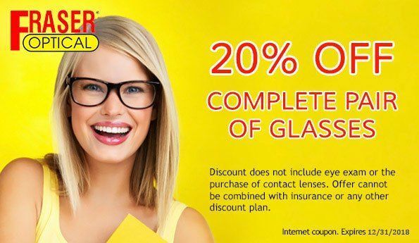 Coupon for Fraser Optical: 20% off complete pair of glasses. Woman in glasses smiles. Yellow background. Expires 12/30/2023.