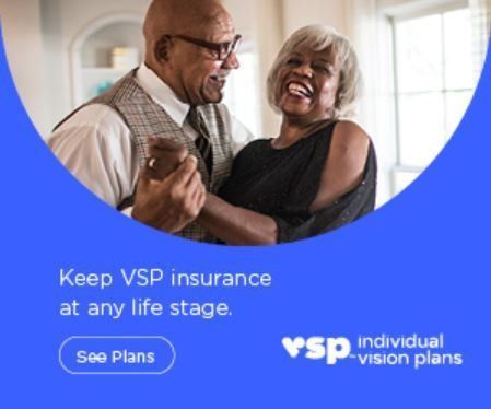 Couple dancing, smiling, in front of a blue background. Ad for VSP individual vision plans.