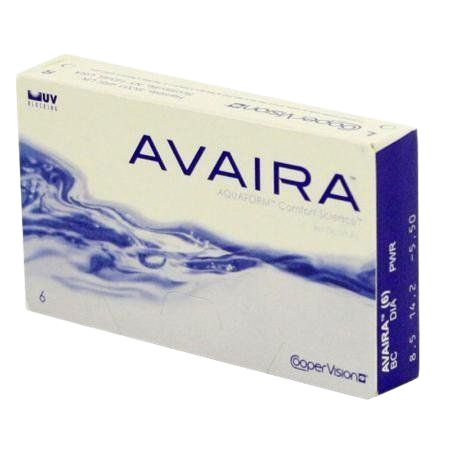 Box of Avaira contact lenses, white with blue wave design, containing 6 lenses. Box of Avaira contact lenses, white with blue wave design, containing 6 lenses.
