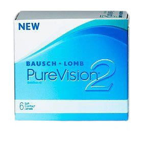 Box of Bausch + Lomb PureVision 2 contact lenses, white and blue. Box of Bausch + Lomb PureVision 2 contact lenses, white and blue.