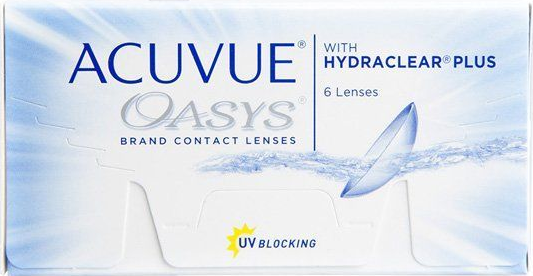 Box of Acuvue Oasys contact lenses with HydraClear Plus, blue and white packaging. Box of Acuvue Oasys contact lenses with HydraClear Plus, blue and white packaging.