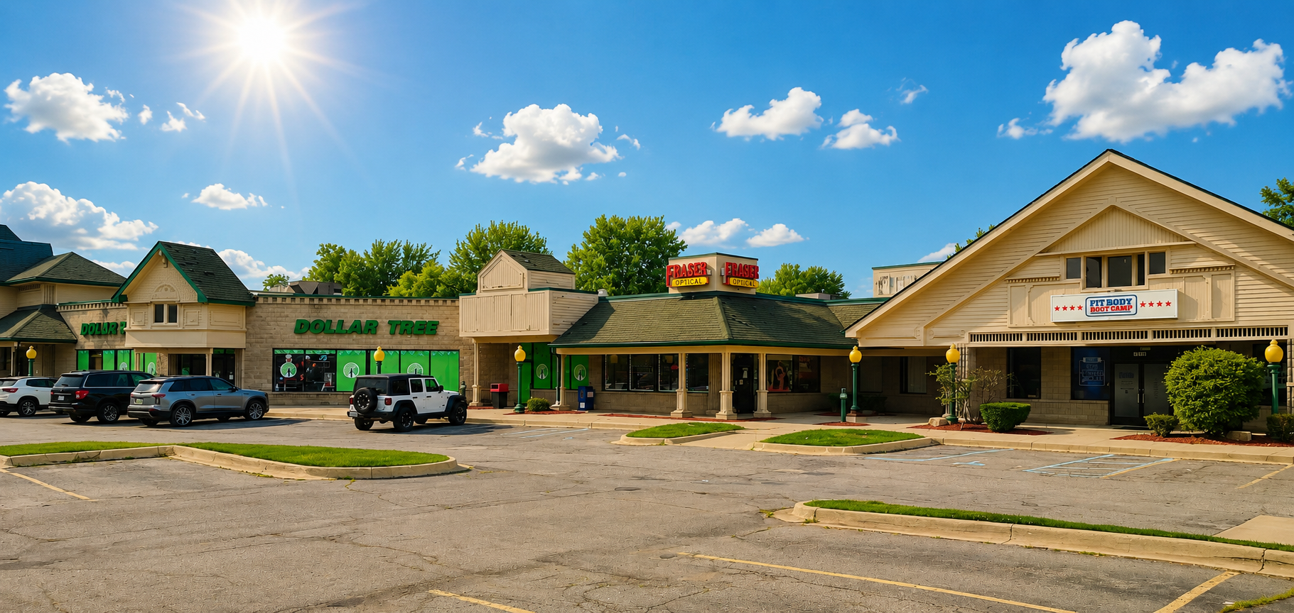 Fraser Optical storefront with a green roof, tan facade, and sign with red and yellow lettering.