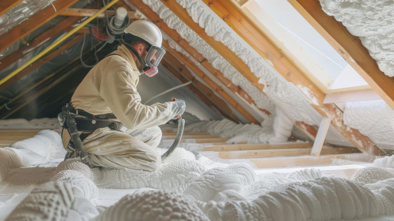 Person in protective suit spraying insulation in an attic.