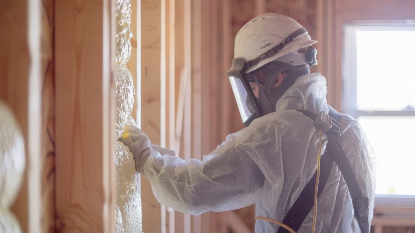 Person in protective suit spraying foam insulation on a wooden wall in a building.