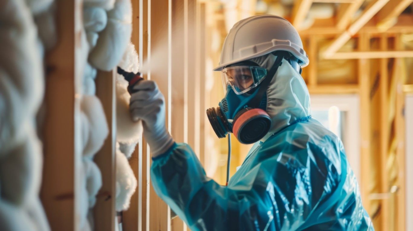 Construction worker spraying insulation, wearing safety gear, in a wooden framed structure.