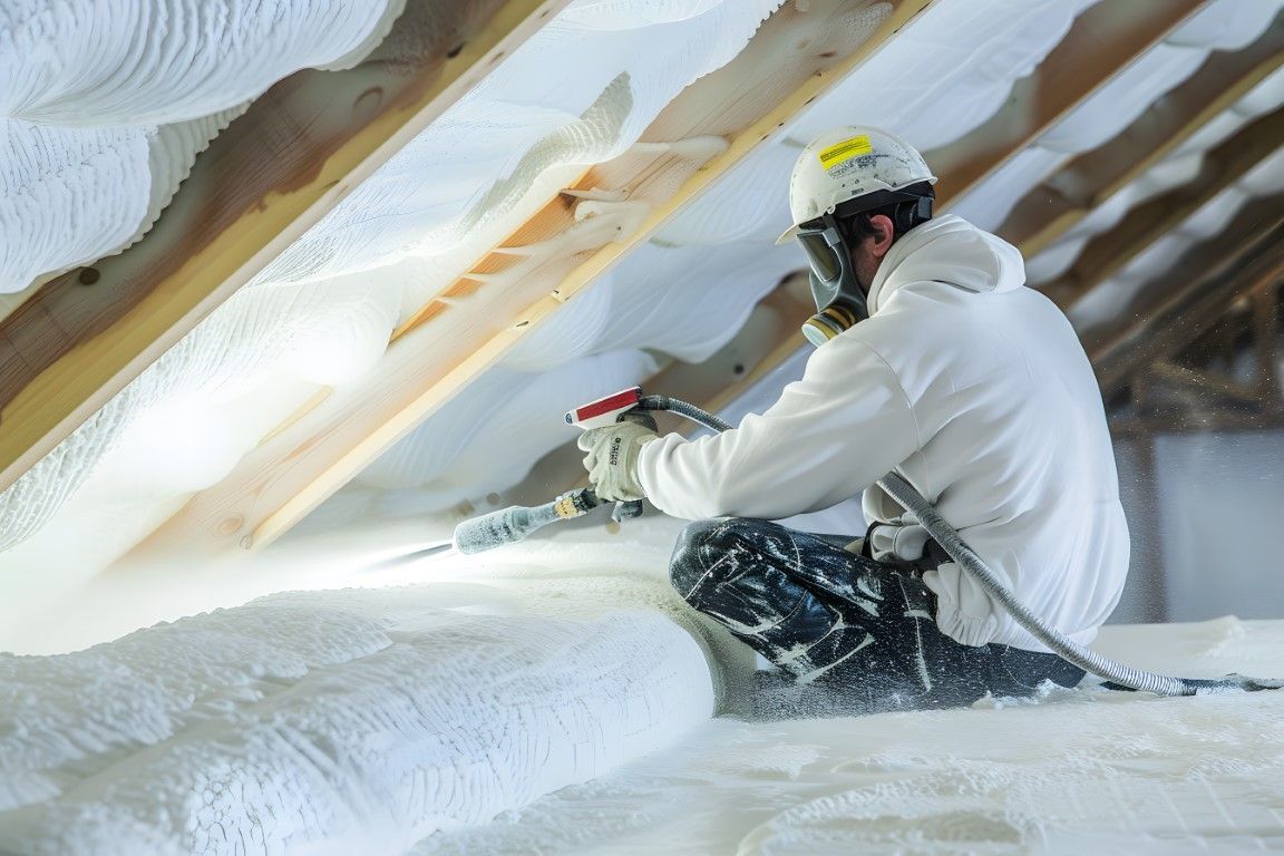 A person in protective gear sprays foam insulation in an attic.