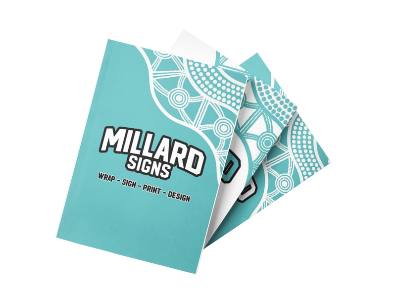 A Stack of Brochures With a Teal Background — Millard Signs in Portsmith, QLD