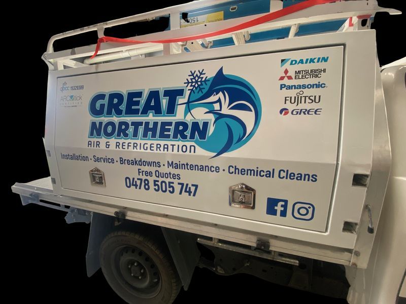 White Truck With Great Northern Air & Refrigeration Logo and Contact Info — Millard Signs in Bungalow, QLD