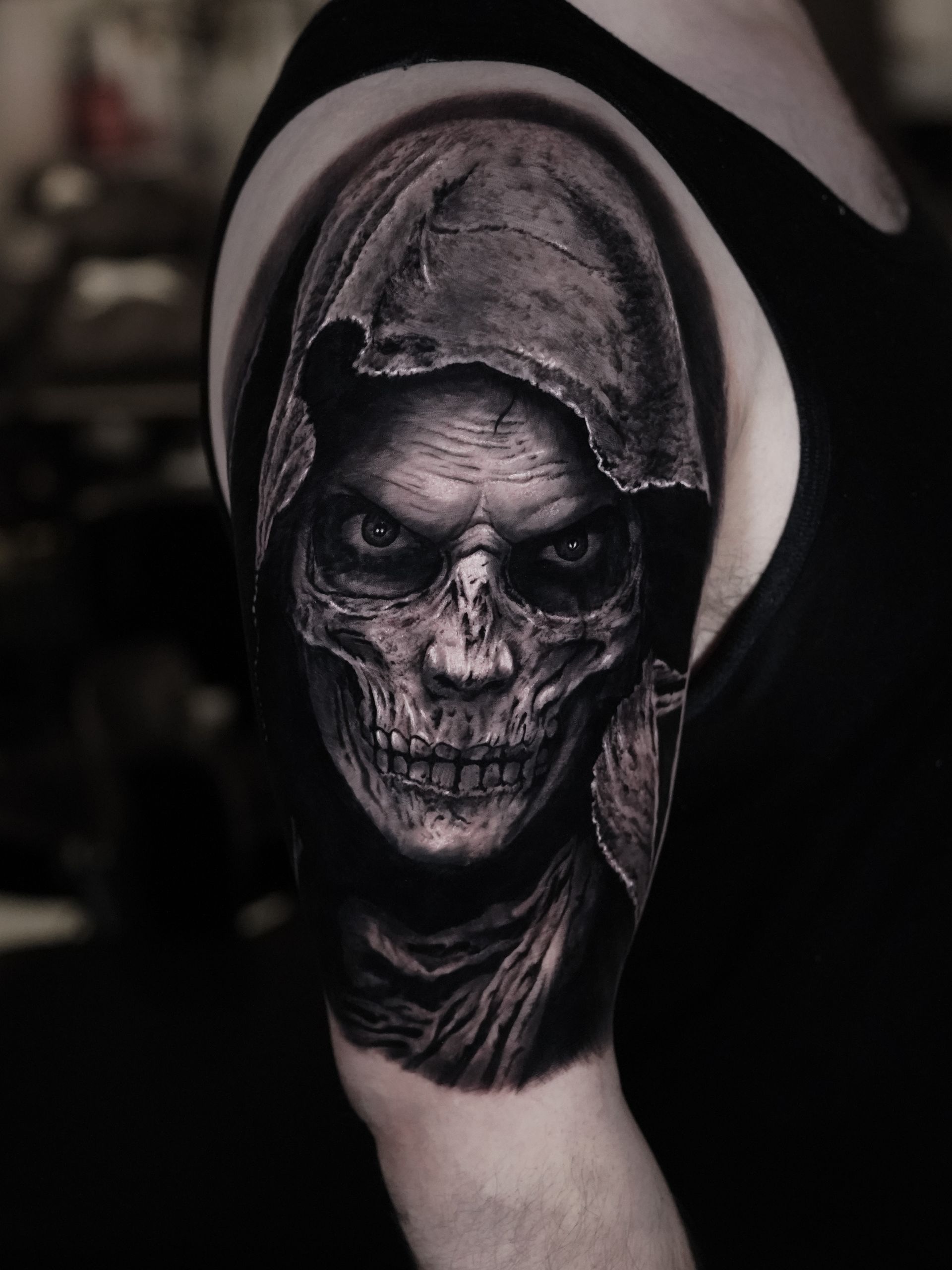 camden black and grey realism sleeve tattoo