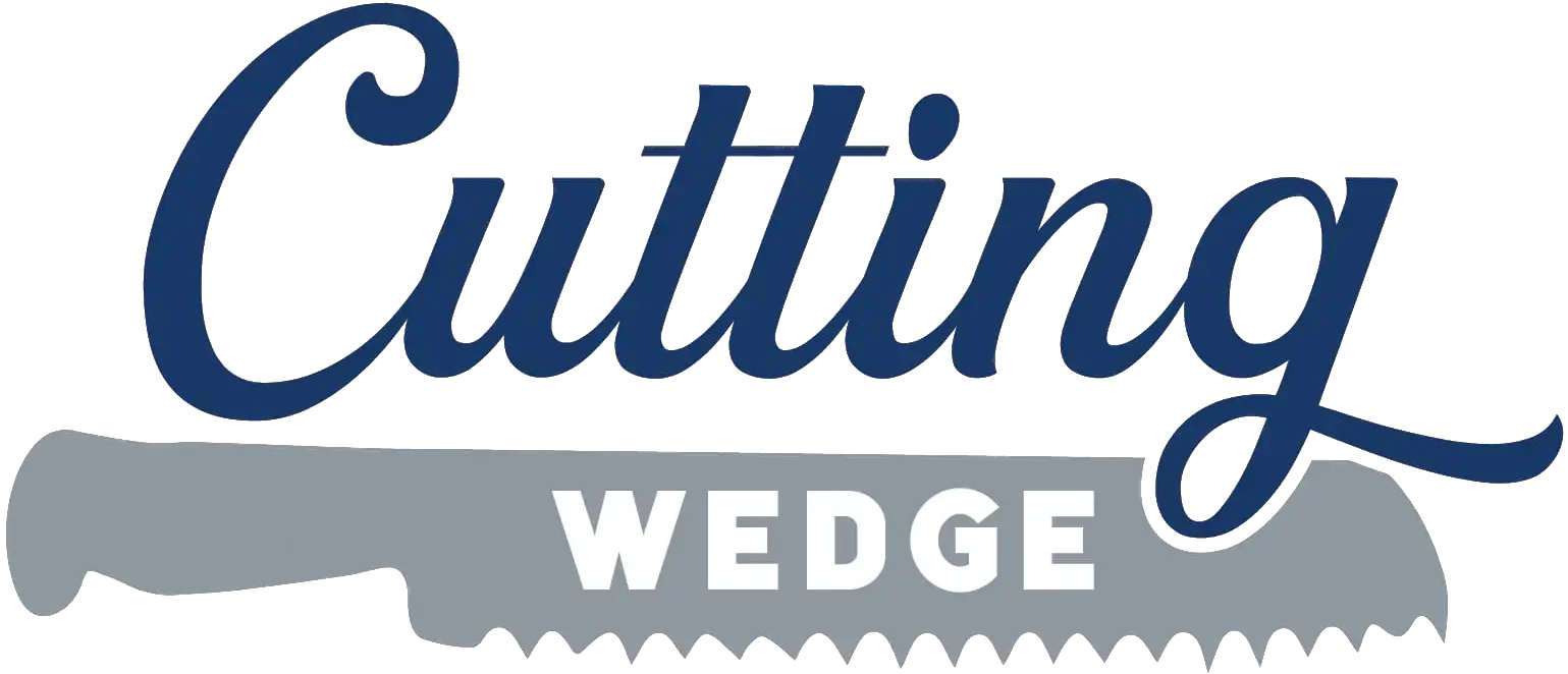 A logo for cutting wedge with a saw on a white background.