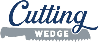 A logo for cutting wedge with a saw on a white background.