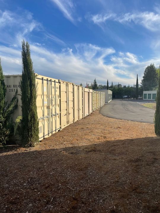 A row of shipping containers are lined up in a parking lot.