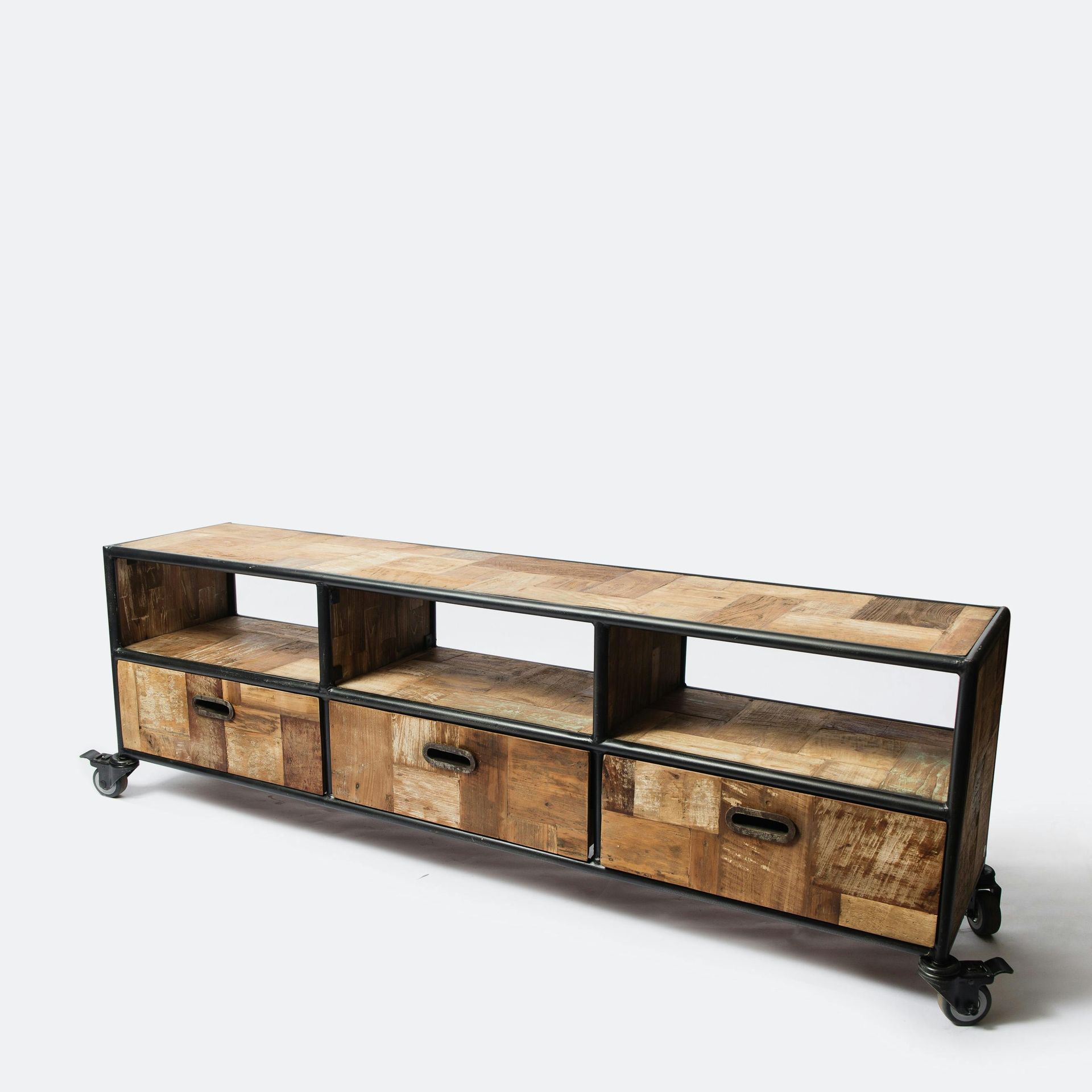 A wooden entertainment center with drawers and wheels