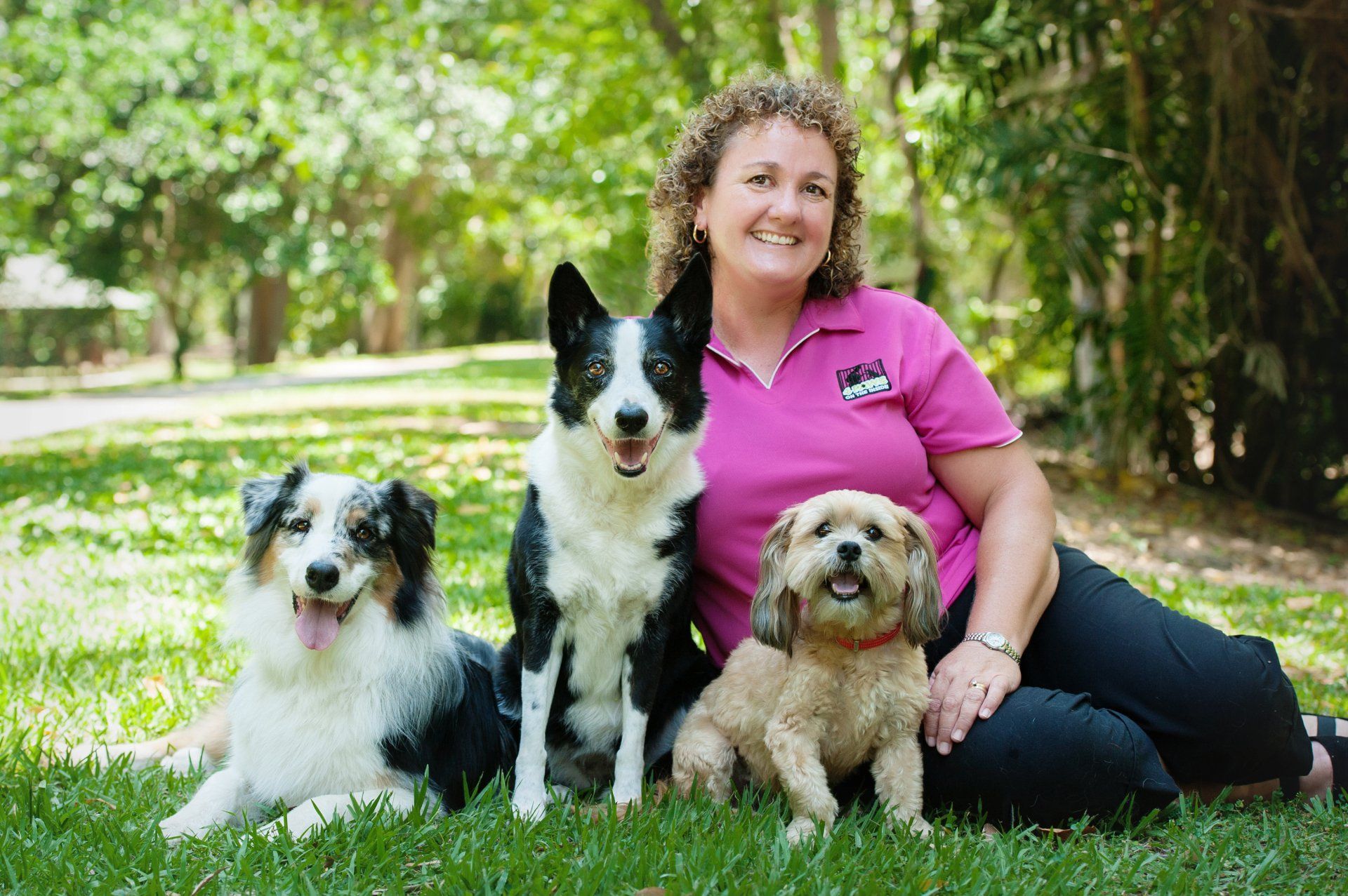 A Woman Is Sitting On The Grass With Three Dogs — Canine Training School In Cairns, QLD
