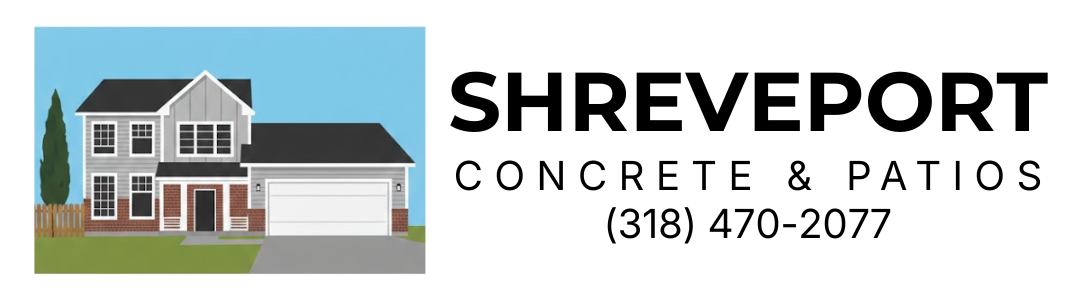 Logo for Shreveport Concrete & Patios: a house illustration and text, with a phone number (318) 470-2077.