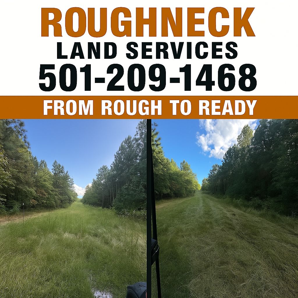 Roughneck Land Services advertisement. Cleared path through trees under blue sky; 501-209-1468. 