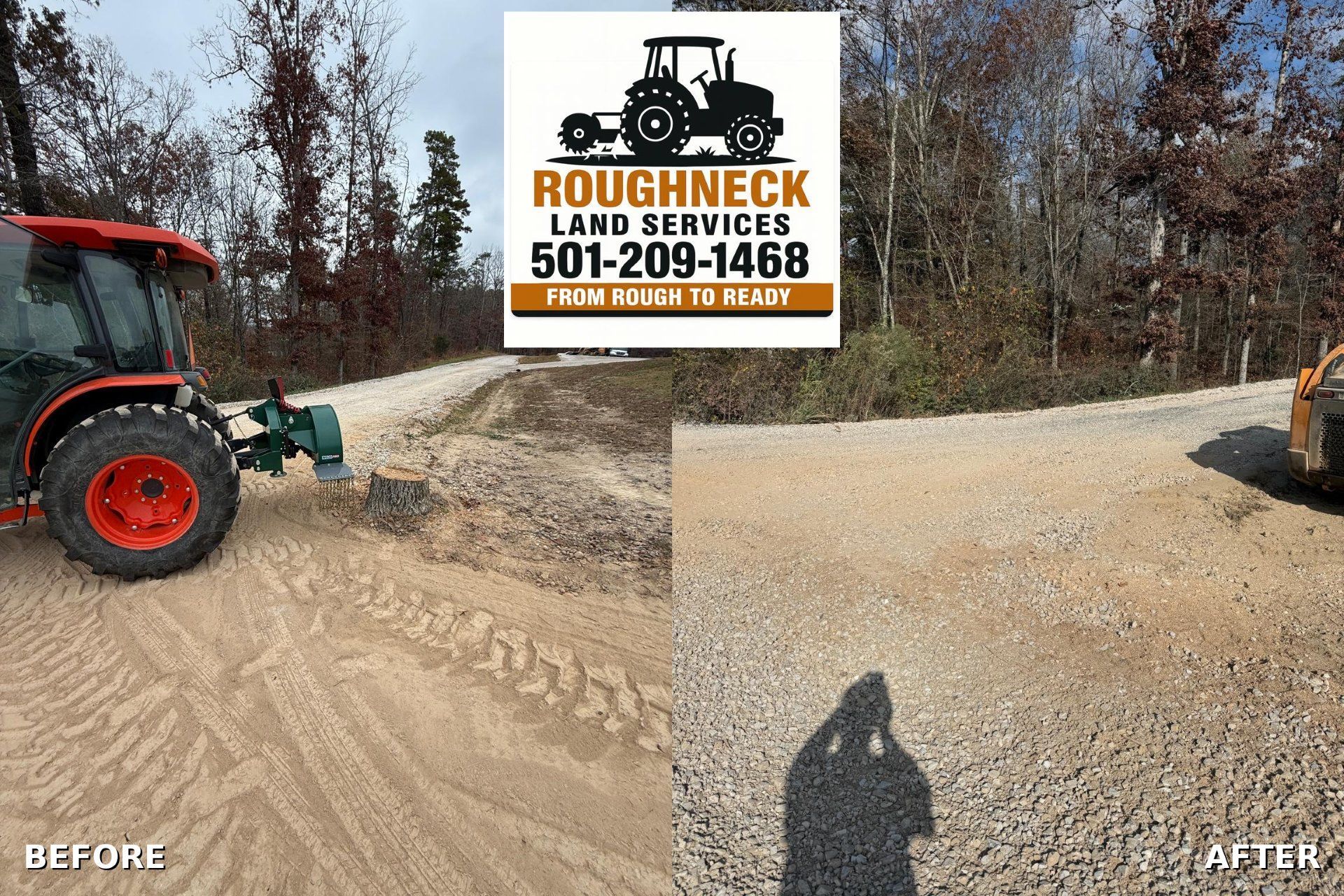 Before/after photo: a tractor grades a gravel road. The before shows a rutted road, the after, a smooth surface.