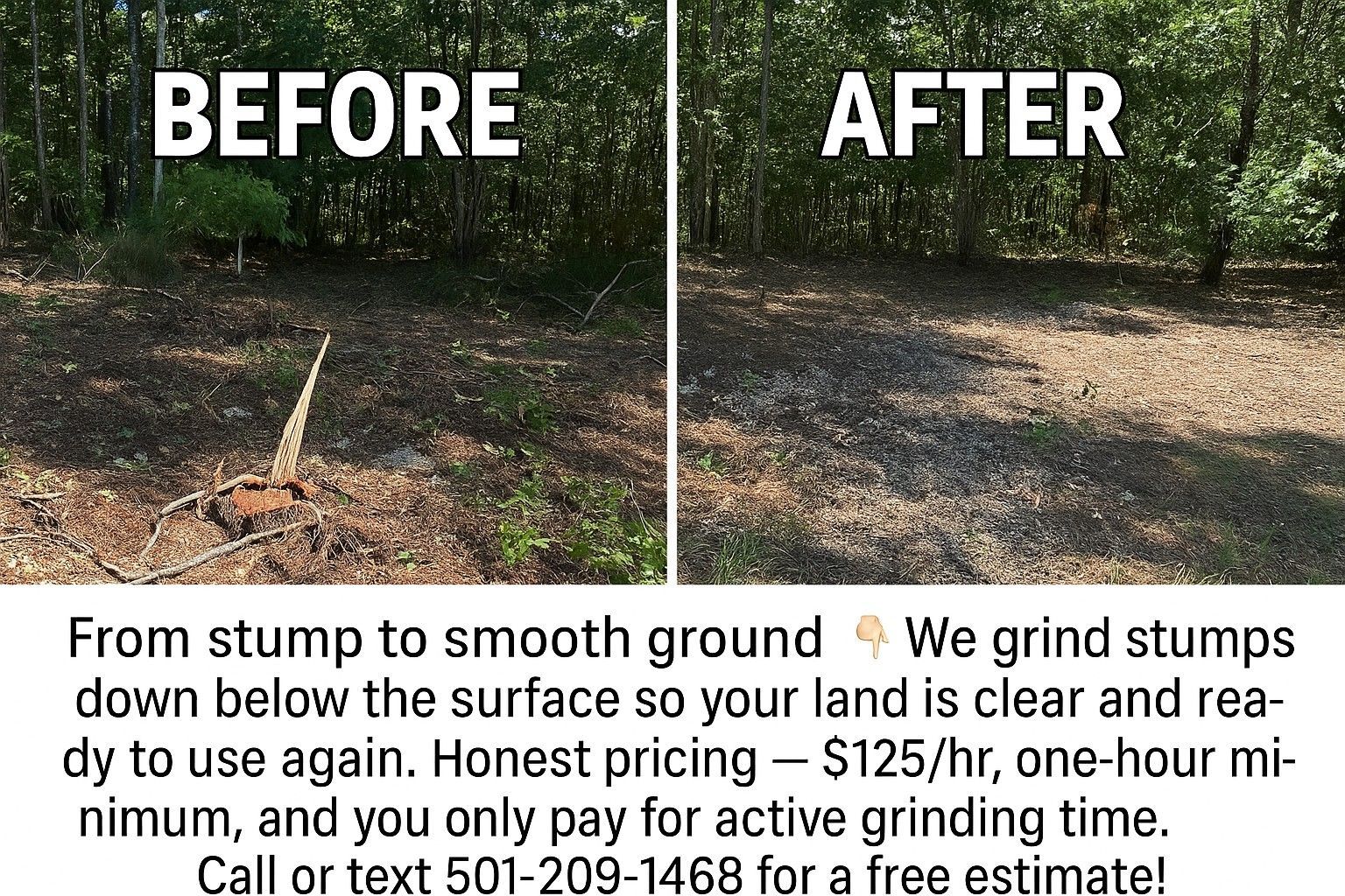 Before-and-after of a yard; stump removal service. Trees, text: 
