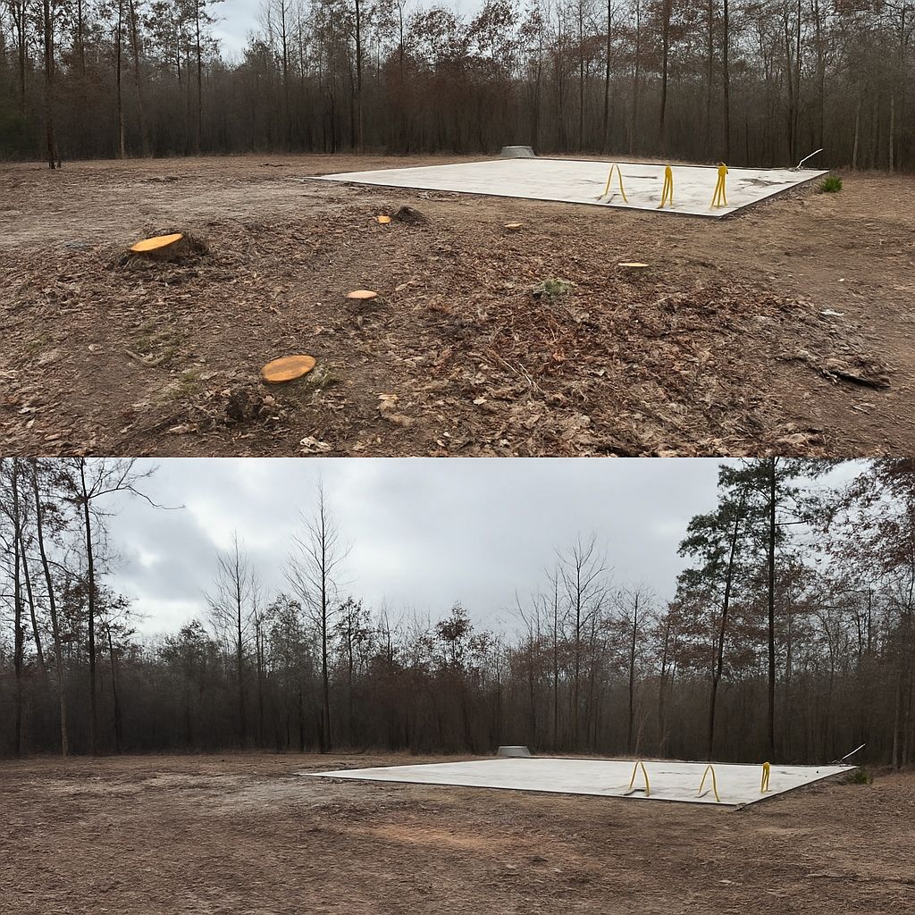Two views of a cleared building site in a wooded area with a concrete foundation.