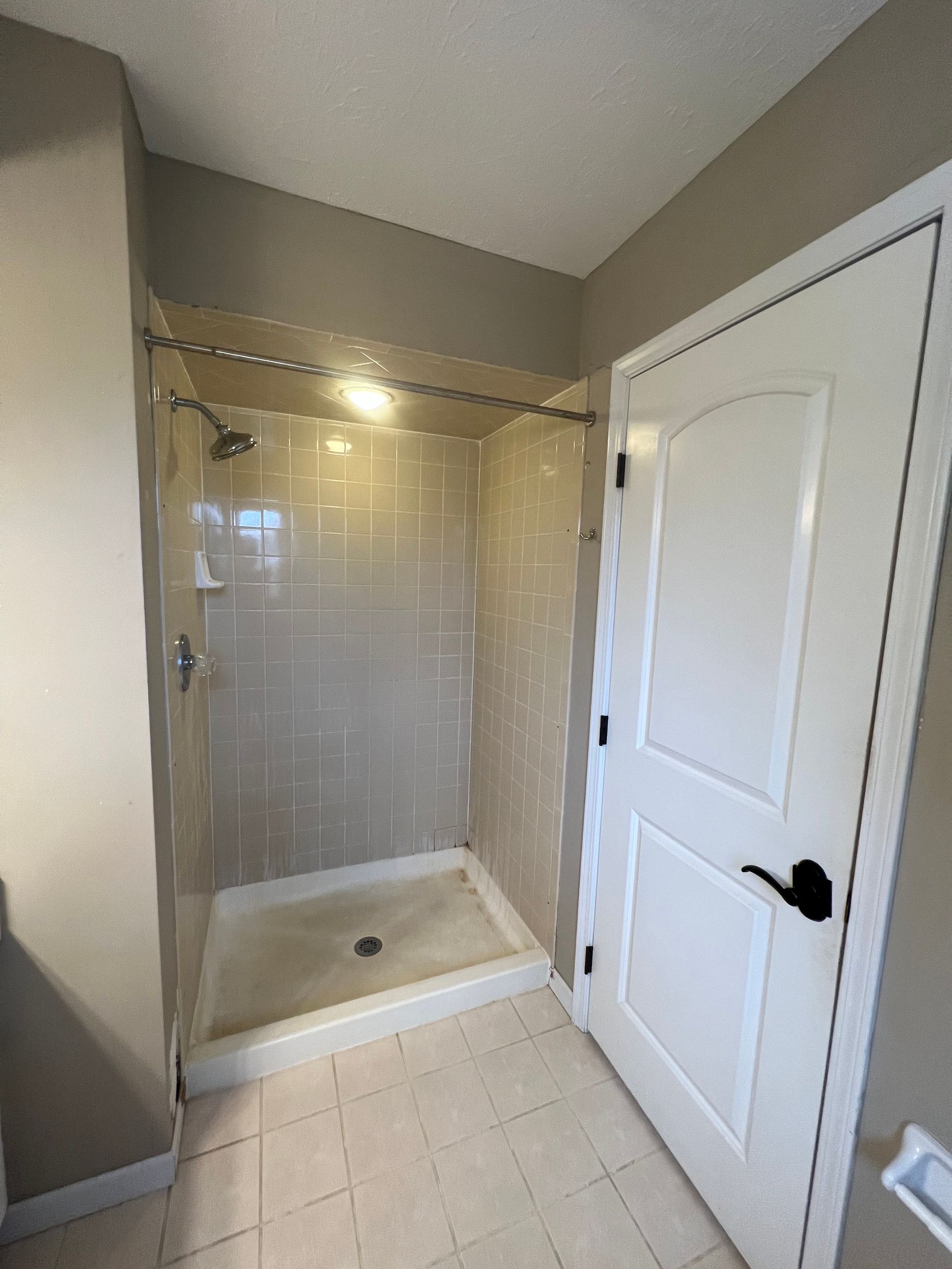 A bathroom with a walk in shower and a white door.