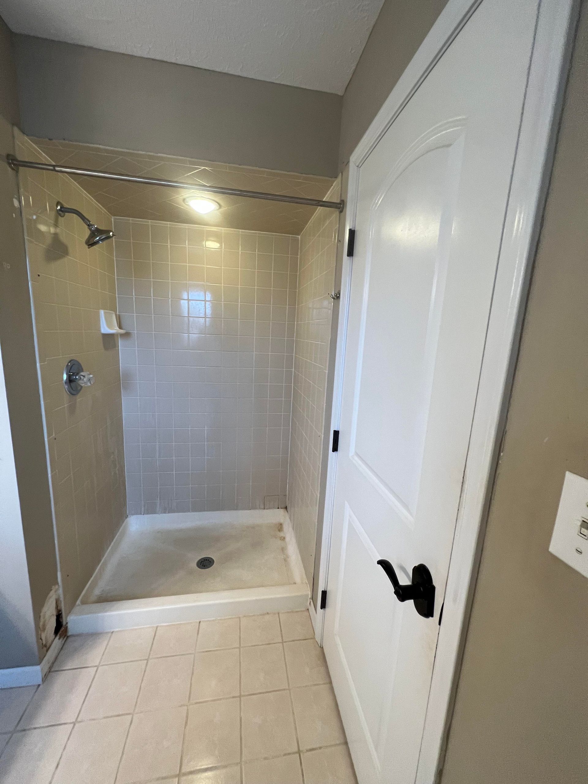 A bathroom with a walk in shower and a white door