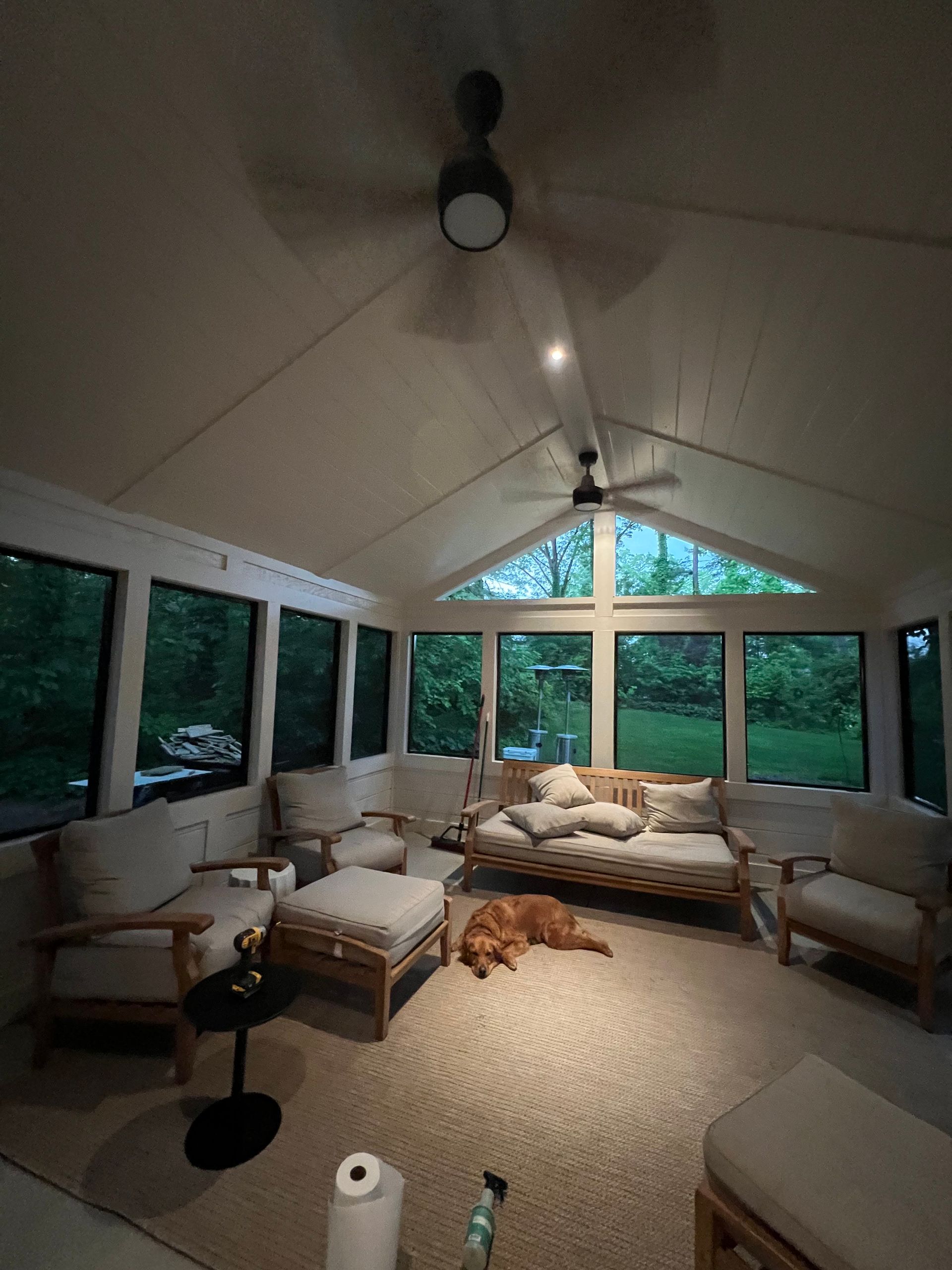 A living room with a couch and chairs and a dog laying on the floor.