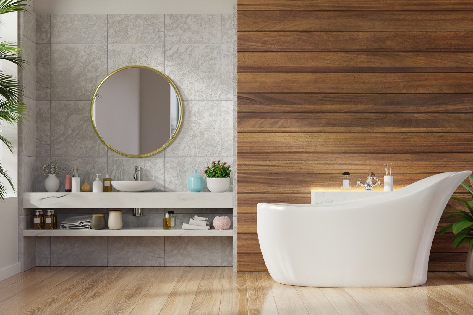 A bathroom with a bathtub , sink , mirror and wooden wall.