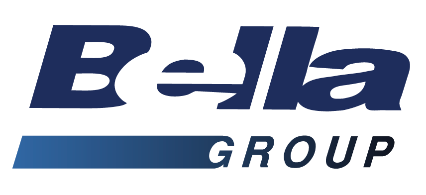 Logo for Bella Group, with dark blue text and a blue gradient bar beneath "Bella"