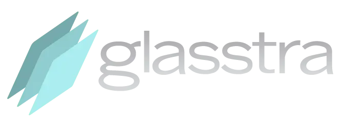 Glassstra logo: three overlapping diamond shapes, light blue and gray, next to the word "glasstra" in gray.