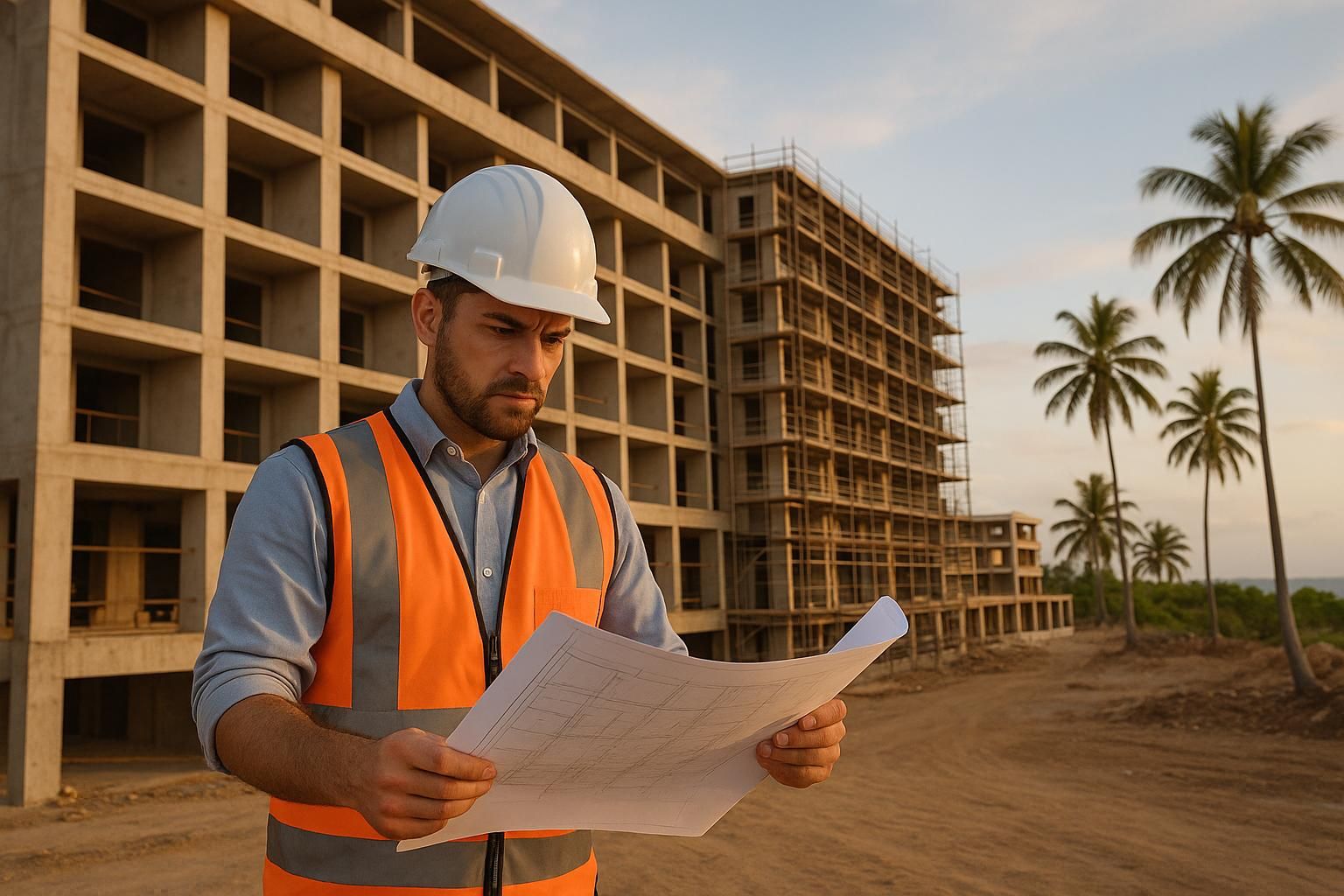 Construction worker in safety vest and hard hat reviews blueprints at a hotel building site in Puerto Rico.
