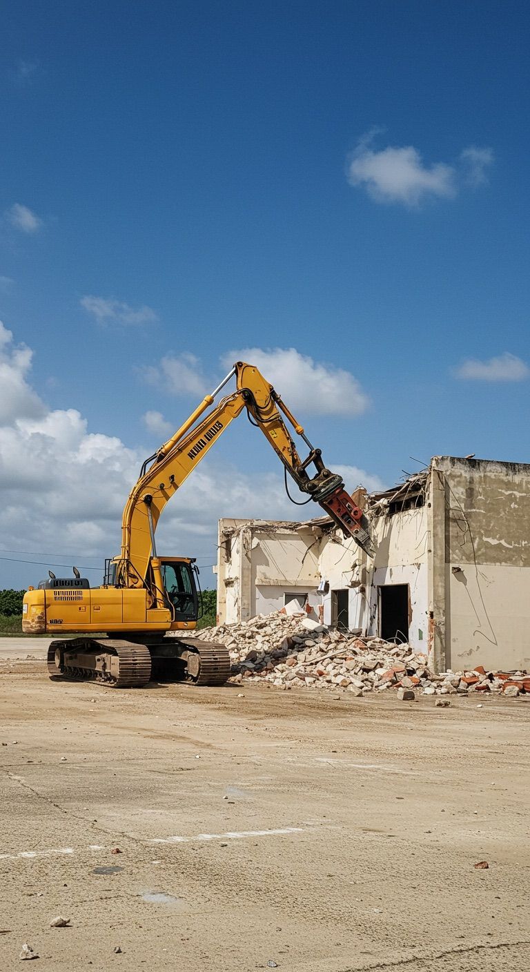 A DEV Builders yellow excavator demolishes a building on a sunny day with a blue sky. Debris is scattered on the ground.