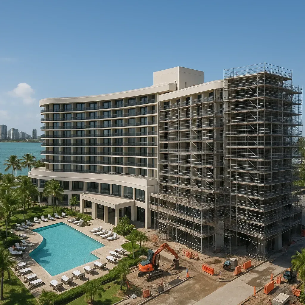 Hotel under construction with pool, scaffolding, and construction equipment in Puerto Rico.