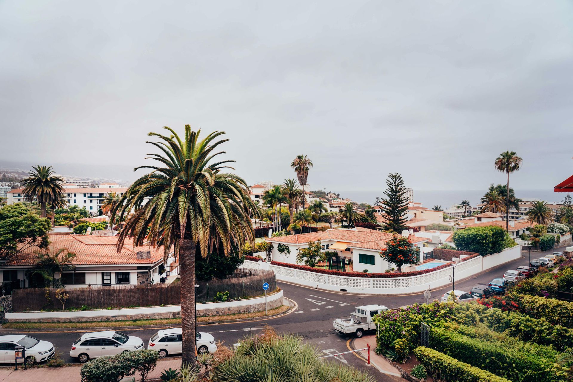 Palm trees and houses with red-tile roofs line a coastal road under a cloudy sky.